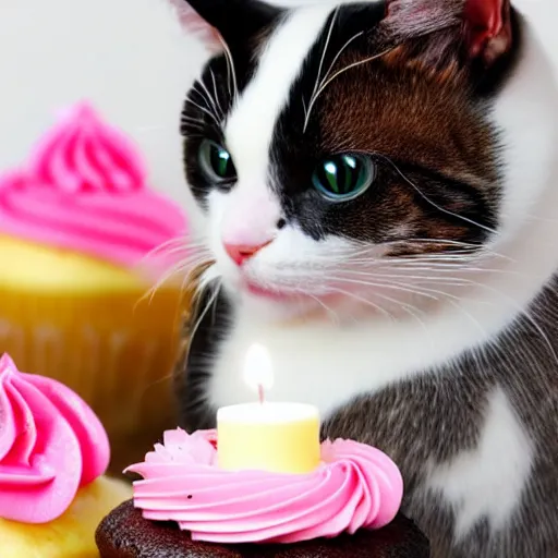 Image similar to a cute cat blowing out a candle on a cupcake