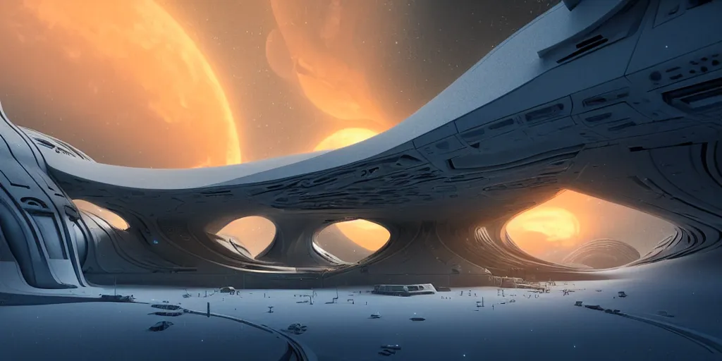 Image similar to futuristic space station in the snowy mountains 3 d concept art, cinematic lighting, intricate details, building by zaha hadid, pastel orange sunset, emissary space by arthur haas and bruce pennington and john schoenherr, cinematic matte painting, dark moody monochrome colors, trending on artstation, featured on behance