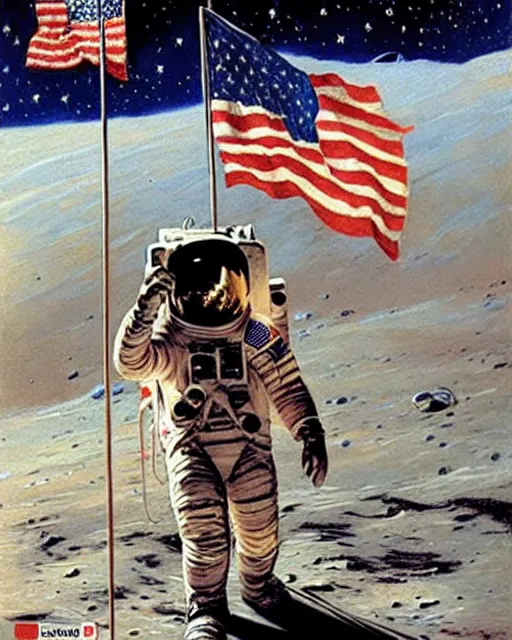 Image similar to handsome astronaut plants a flag on the moon, painting by gaston bussiere, craig mullins, j. c. leyendecker