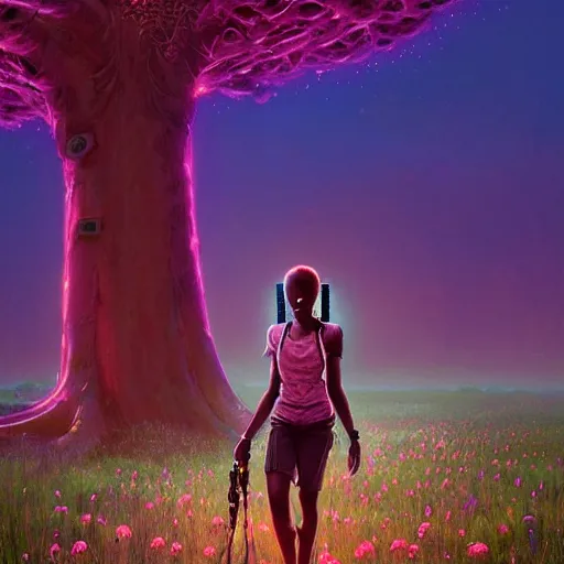 Image similar to an african cyberpunk hacker girl with her headset plugged into a giant glowing baobab tree in the middle of a field of flowers at sunset, by greg rutkowski and android jones in a surreal cyberpunk! style, oil on canvas, 8k hd, synthwave colors!!