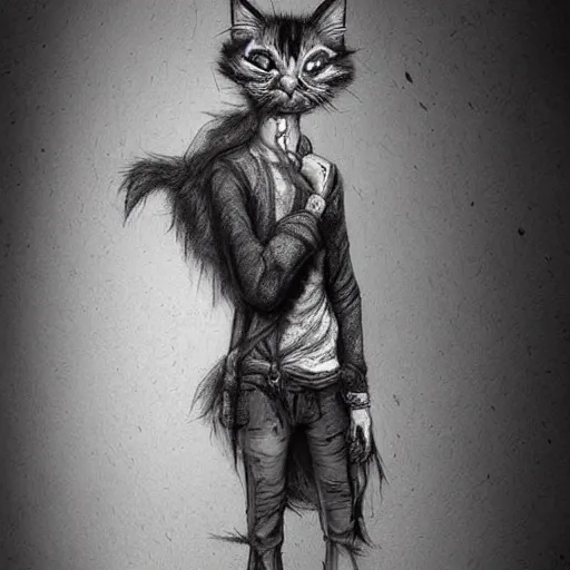 Image similar to grunge cartoon sketch of a human mixed with a cat by - michael karcz, loony toons style, horror theme, detailed, elegant, intricate