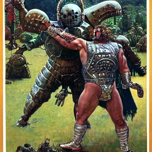 Image similar to giant haystacks in scifi warrior metal armour, by norman rockwell and boris vallejo