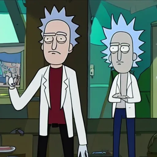 Image similar to Bill Murray playing Rick Sanchez, with spikey grey hair, and wearing a white lab coat, real-life action movie of Rick & Morty announced, poster art