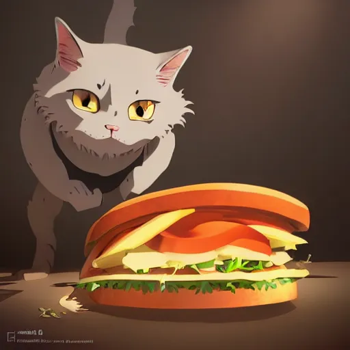 Prompt: shocked cat running away from the giant carnivorous sandwich, artstation hq, dark phantasy, stylized, symmetry, modeled lighting, detailed, expressive, created by hayao miyazaki