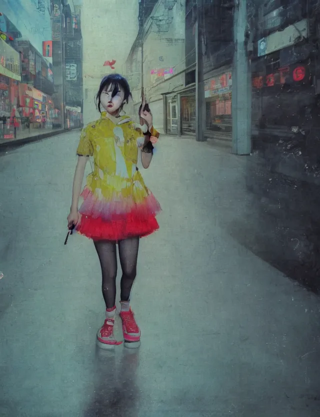 Image similar to dressed korean girl walking the street, redshift, wide high angle view, coloured polaroid photograph with flash, kodak film, hyper real, stunning moody cinematography, anamorphic lenses, by maripol, fallen angels by wong kar - wai, style of suspiria and neon demon and bahnhof zoo, detailed, oil on canvas, glitch datamosh