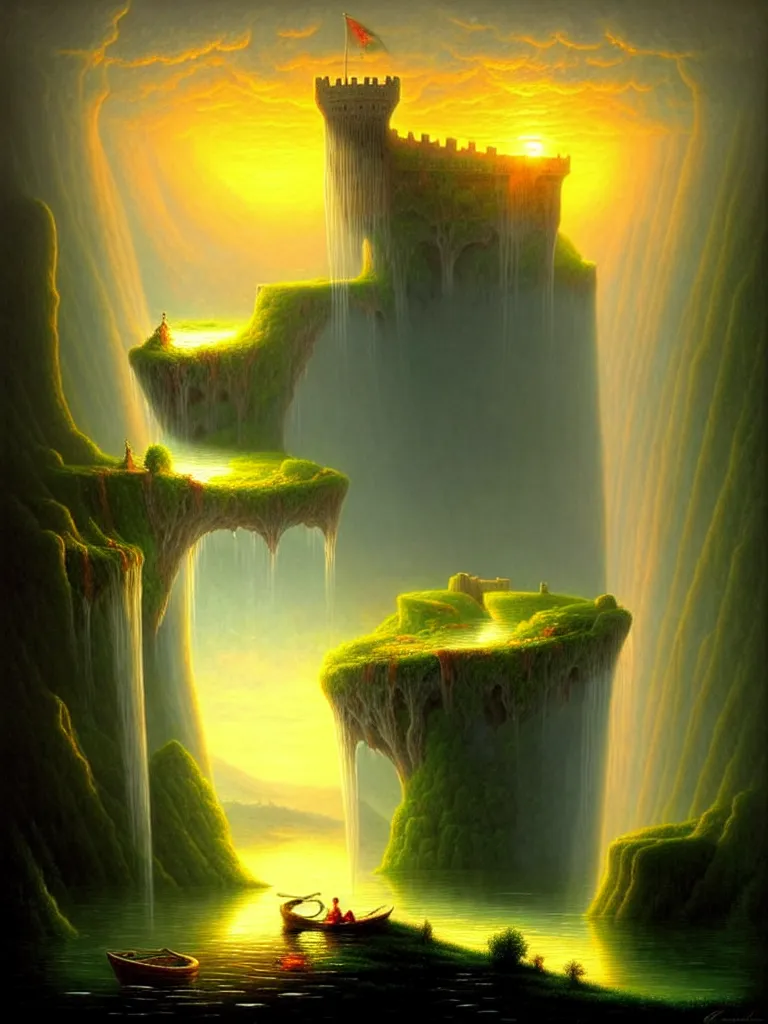 Image similar to gediminas pranckevicius an immense gigantic ornated iron cup with a lake inside, water in excess droping by thomas cole, boats, castle, sunset, volumetric light, godrays