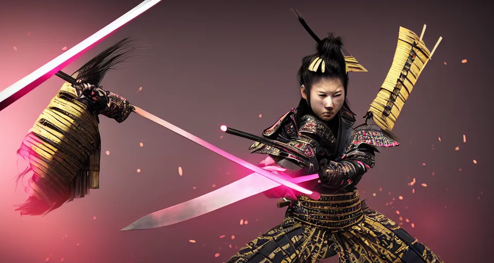 Image similar to a beautiful photo of a samurai warrior in a dynamic pose, black and pink and gold colors, high detail, glimmering samurai sword in 3d perspective deep rich colors, iridescent radiance, epic scale ultrawide angle, stunning, epic, great migration, cinematic, Artstation trending, octane render, hyperrealistic, Cryengine 8k UHD