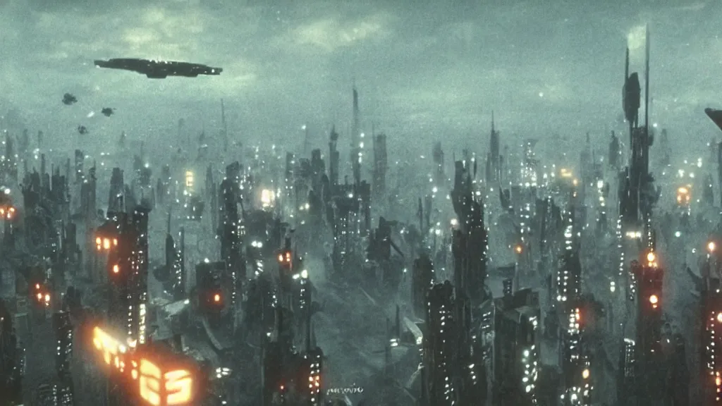 Image similar to spaceship flying over city, a screenshot of blade runner