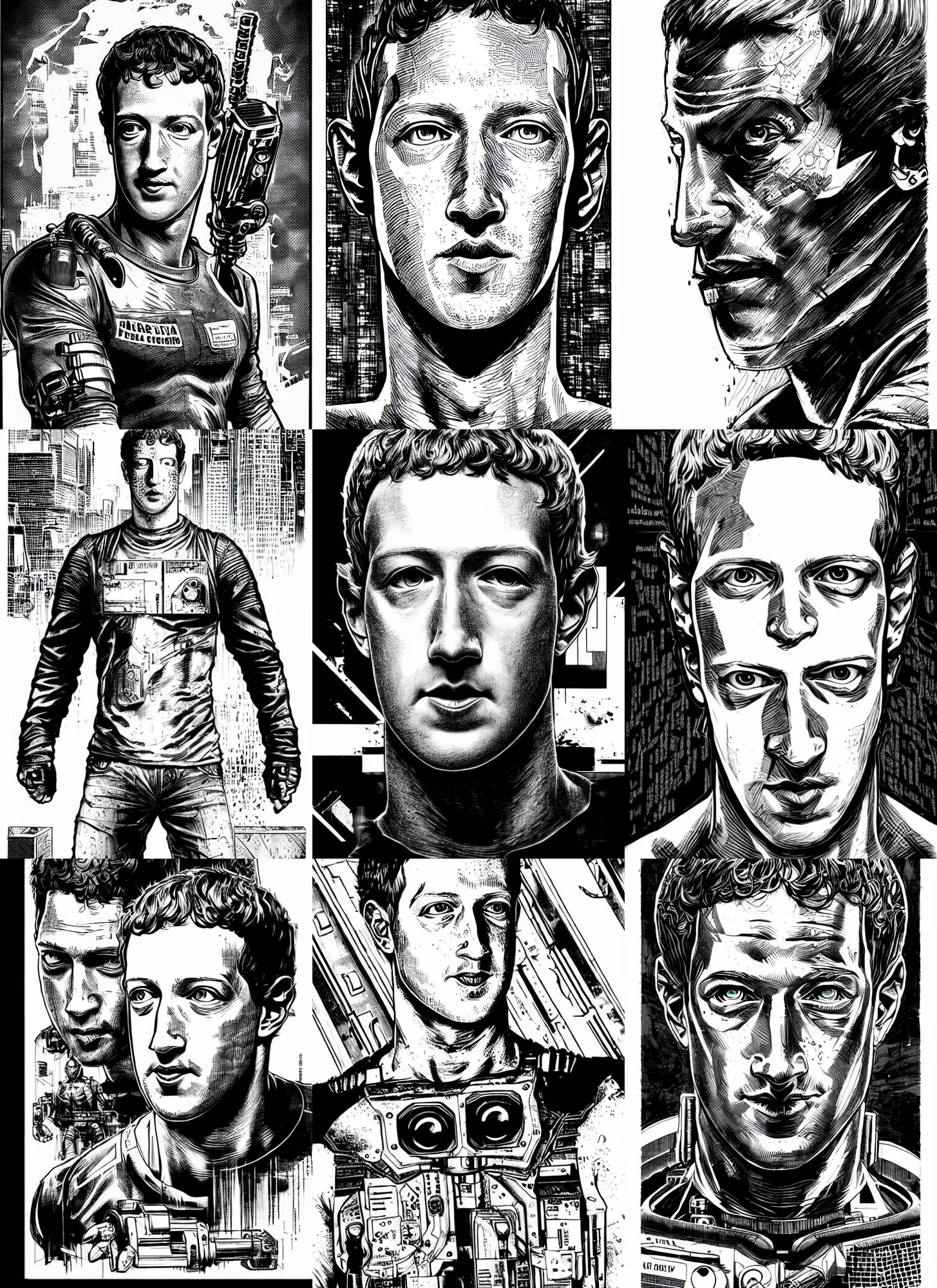 Prompt: mark zuckerberg cyborg by eric keller, mark chang, portrait, cyberpunk 2 0 2 0 manual, by steampoweredmikej, by tim bradstreet, inktober, ink drawing, black and white, coloring pages, manga, highly detailed