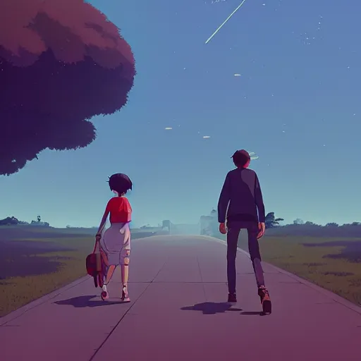 Image similar to walking out of town, lookin'for a better place, something's on my mind, always in my head space, cory loftis, james gilleard, atey ghailan, makoto shinkai, goro fujita, studio ghibli, rim light, exquisite lighting, clear focus, very coherent, plain background