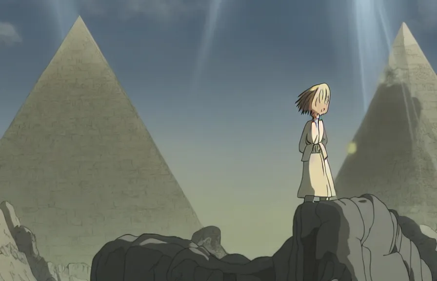 Image similar to a cell - shaded cartoon movie still from howl's moving castle ( 2 0 0 4 ) of a monk in a grey robe. in the background is a white pyramid with a golden capstone in the ocean. shafts of sunlight come from above. wide shot, very dull muted colors, hd, 4 k, hq