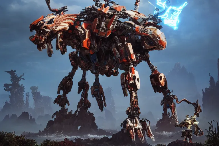 Image similar to thunderjaw machine mecha animal beast robot of horizon forbidden west horizon zero dawn bioluminiscence global illumination ray tracing hdr fanart arstation by sung choi and eric pfeiffer and gabriel garza and casper konefal