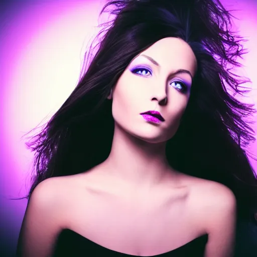 Image similar to portrait of woman wearing an elegant black dress and matte bold makeup, she has long hair and bright eyes, determined expression, illuminated by cyan and purple neon lights
