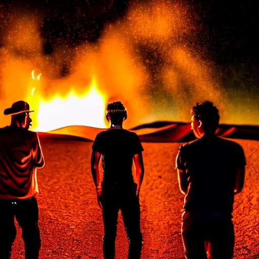 Image similar to photograph of three ravers photographed from behind, talking around a fire, photorealistic, dancefloor kismet, diverse costumes, clean composition, desert transition area, bonfire, night, australian desert, xf iq 4, symmetry, sony a 7 r, 1 5 0 mp, 5 0 mm