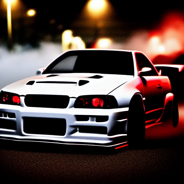 Image similar to a car R34 twin turbo drift at illegal car meet, Kanagawa prefecture, city midnight mist lights, cinematic lighting, photorealistic, highly detailed wheels, high detail