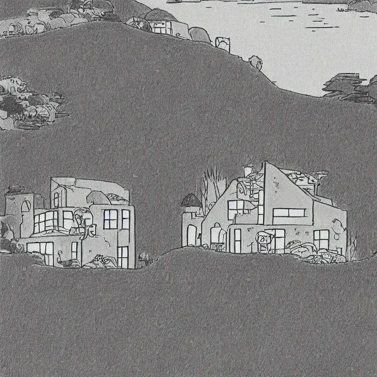 Prompt: drawing of a house on a hill overlooking a body of water, a comic book panel by hayao miyazaki, featured on tumblr, neo - romanticism, wallpaper, minimalistic