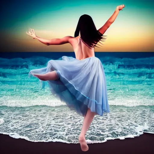 Prompt: a woman dancing over the ocean, beautiful, surreal dress