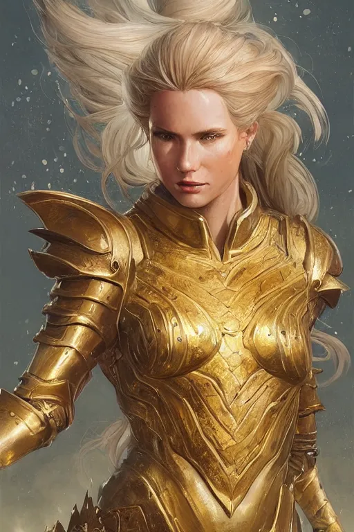 Image similar to mermaid with golden armor, d & d, fantasy, portrait, highly detailed, headshot, digital painting, trending on artstation, concept art, sharp focus, illustration, art by artgerm and greg rutkowski and magali villeneuve