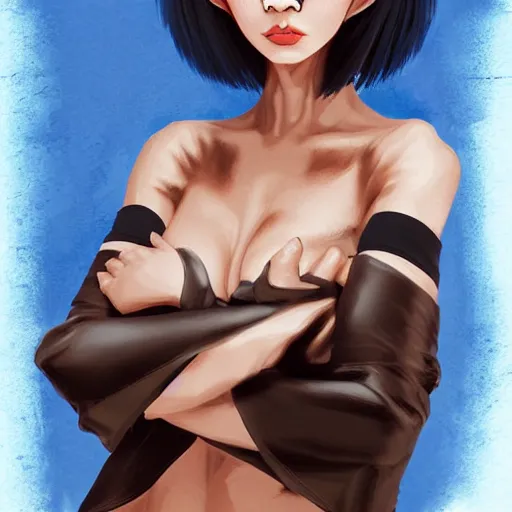 Prompt: illustrated realistic portrait of ram-horned devil woman with blue bob hairstyle and her tan colored skin and with solid black eyes wearing leather by rossdraws