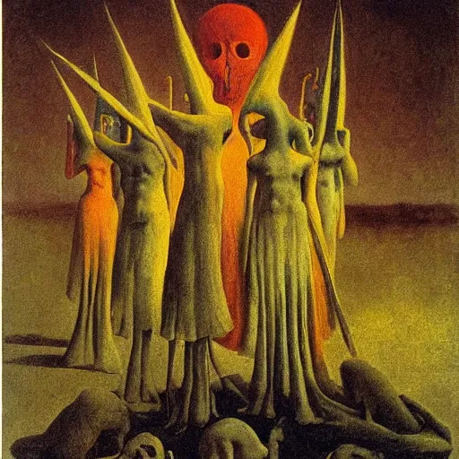 Prompt: sabbath of the witches in the style of Goya, Remedios Varo and Zdzisław Beksinski, surrealist painting