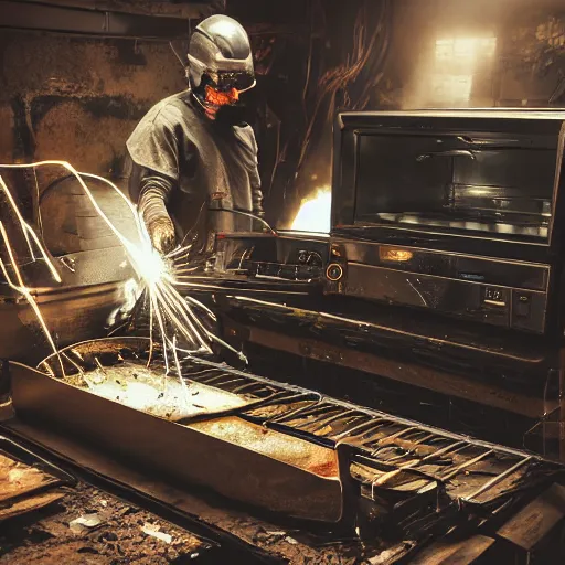 Image similar to cyborg toaster oven repairman, dark messy smoke - filled cluttered workshop, dark, dramatic lighting, orange tint, sparks, plasma rays, cinematic, highly detailed, sci - fi, futuristic, movie still, rule of thirds composition