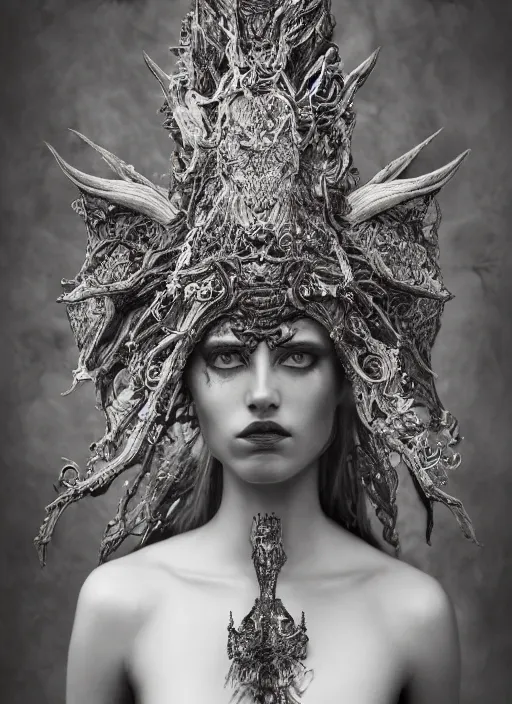 Image similar to a portrait of female model by stefan geselle and nekro borja, photorealistic, intricate details, hyper realistic, dark fantasy, ornate headpiece, dark beauty, photorealistic, canon r 3, photography, wide shot, photography, dark beauty, symmetrical features, wide angle shot, whole body, full body shot, body, feet