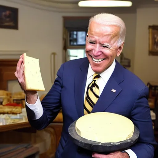 Image similar to joe biden eating a large wheel of cheese,