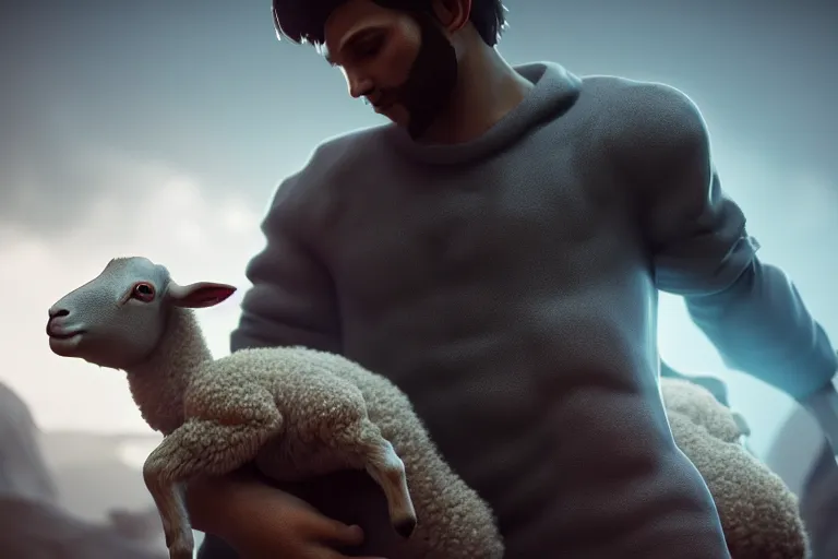 Prompt: biblical abel holding a lamb, volumetric lighting, epic composition, hyper detailed, ultra realistic, sharp focus, octane render, volumetric, ray tracing, artstation trending, sense of awe, 4 k