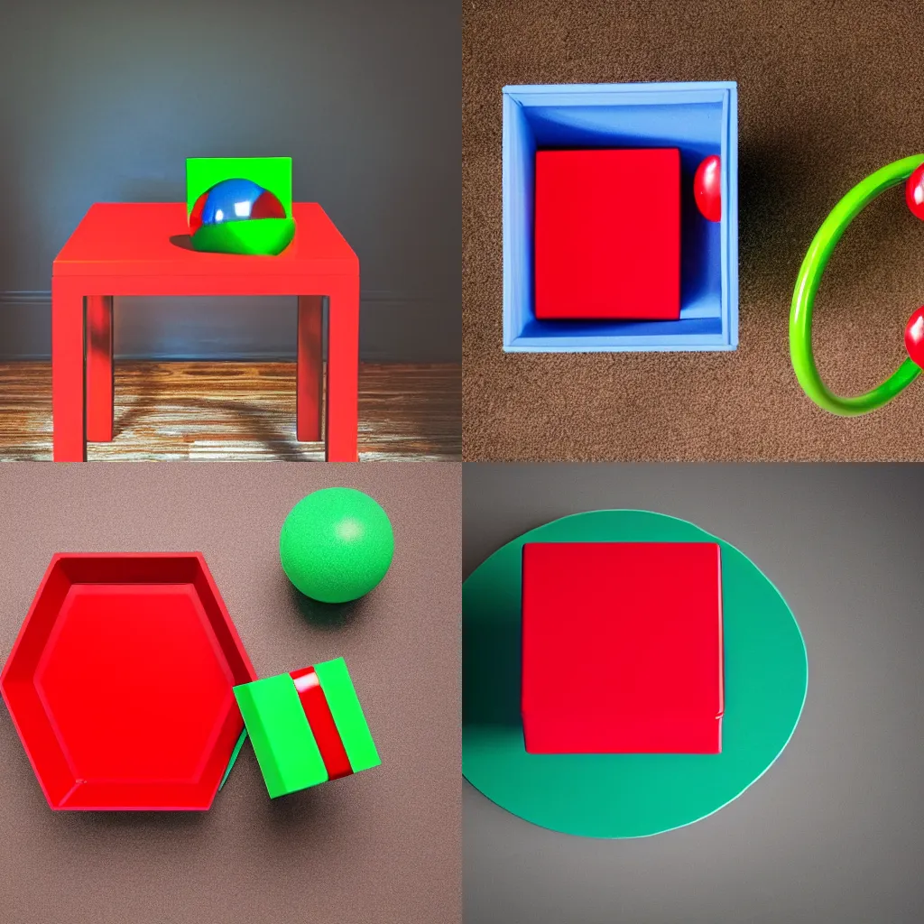 Prompt: photo of table with a red cube, a green ball and a blue ring on it