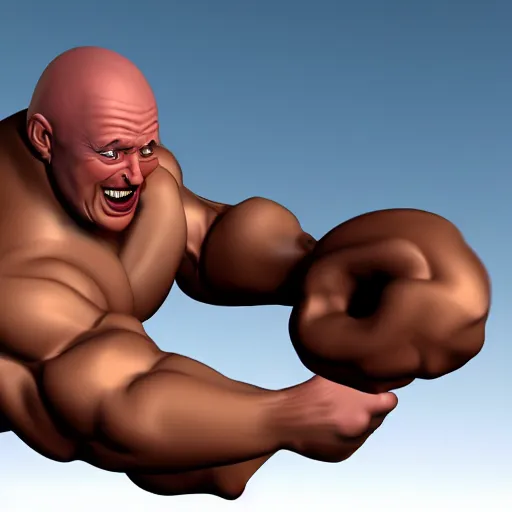 Image similar to extremely muscular bald man, small legs, exaggerated arms, 3 d model, gladiator, small head, cell shaded, cartoon shading