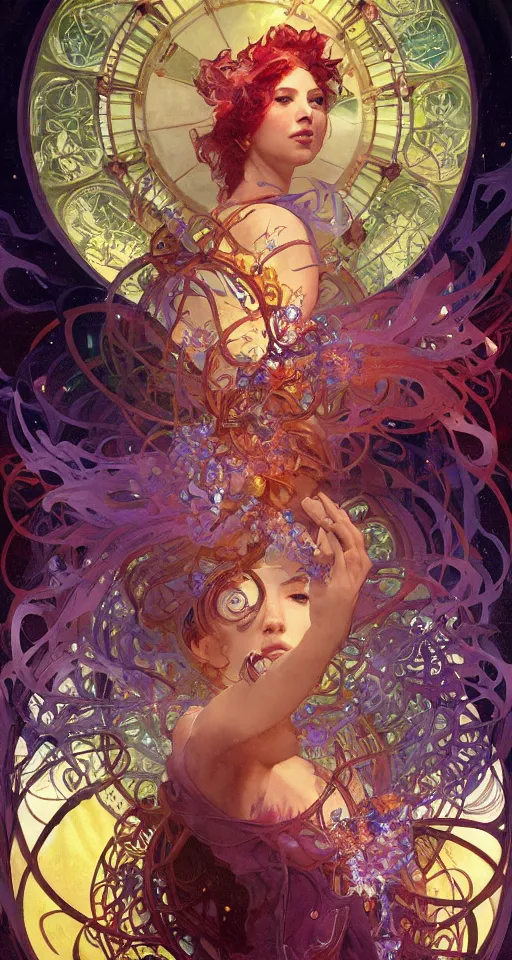 Image similar to she dreams of arcs of purple flame intertwined with glowing sparks, glinting particles of ice, dramatic lighting, steampunk, bright neon, secret holographic cyphers, red flowers, solar flares, high contrast, smooth, sharp focus, intricate art by alphonse mucha and greg rutkowski and ruan jia