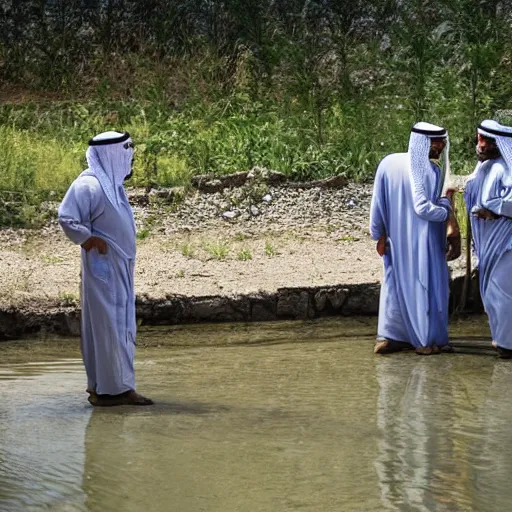 Image similar to Middle eastern wise men visit a fish hatchery in the rural countryside. Realistic, photographic quality.