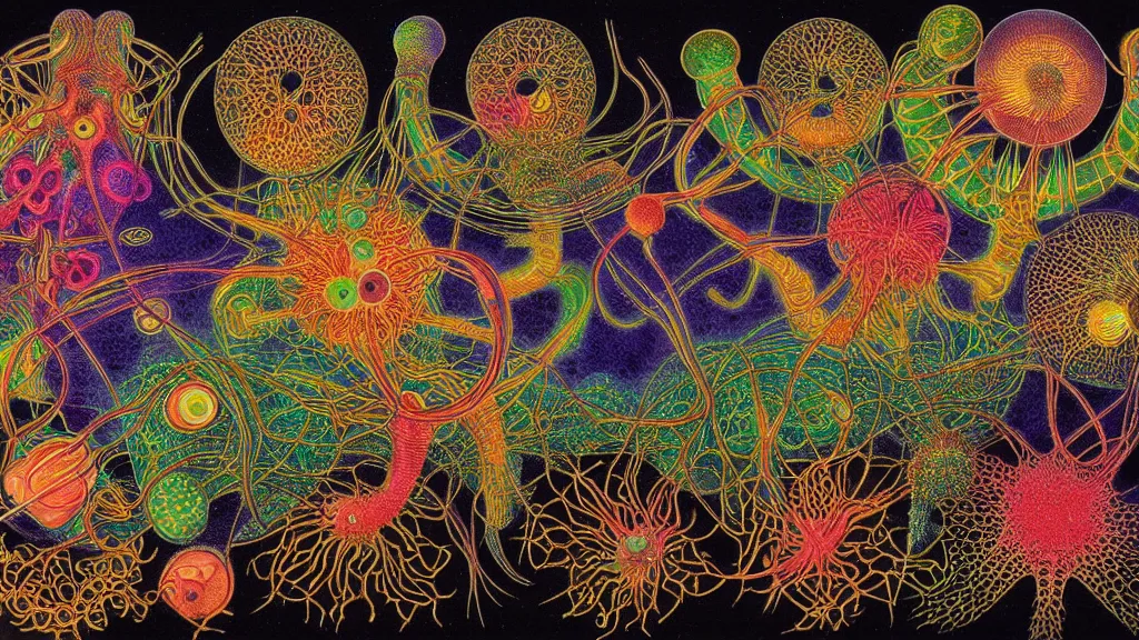 Prompt: quantum connections represented as symbiotic organisms like cells playing around with colorful lights by ernst haeckel, shinny