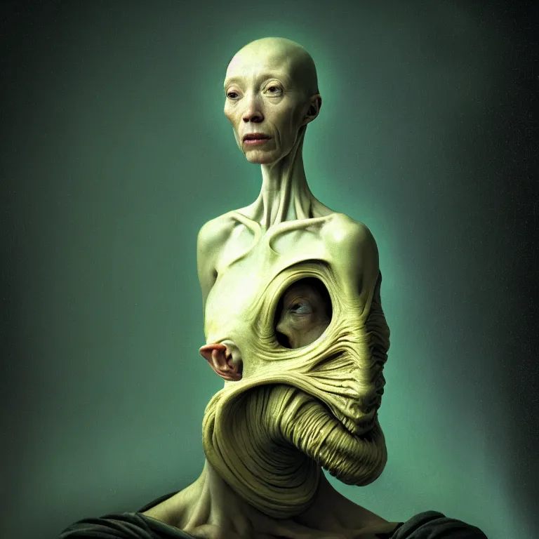 Image similar to portrait of a ribbed alien by hieronymus bosch, wide shot, soft glow bloom lucid dream - like ethereal atmosphere, baroque portrait painting, perfect composition, beautiful intricate detailed octane render trending on artstation, 8 k artistic photography, volumetric cinematic perfect light, chiaroscuro, masterpiece, raphael, caravaggio, rutkowski, beeple, beksinski