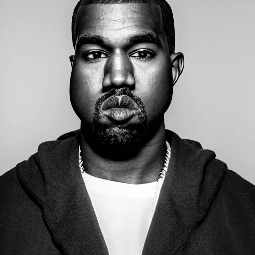 Prompt: the face of young kanye west wearing yeezy clothing at 3 3 years old, black and white portrait by julia cameron, chiaroscuro lighting, shallow depth of field, 8 0 mm, f 1. 8