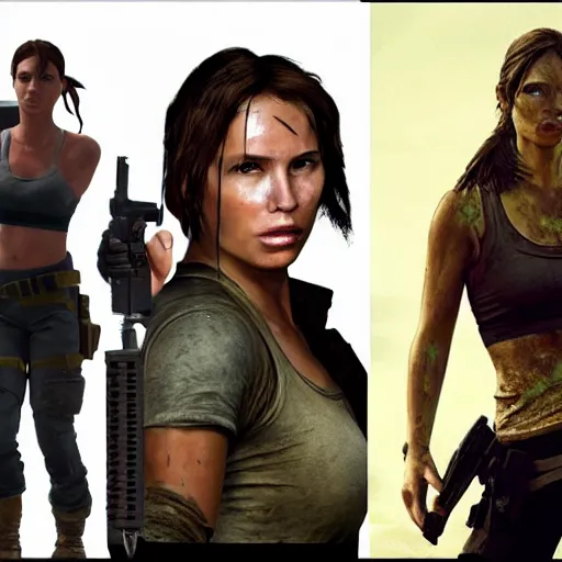 Prompt: lara croft, muddy face, examine diamond in awe, an film still, photorealistic