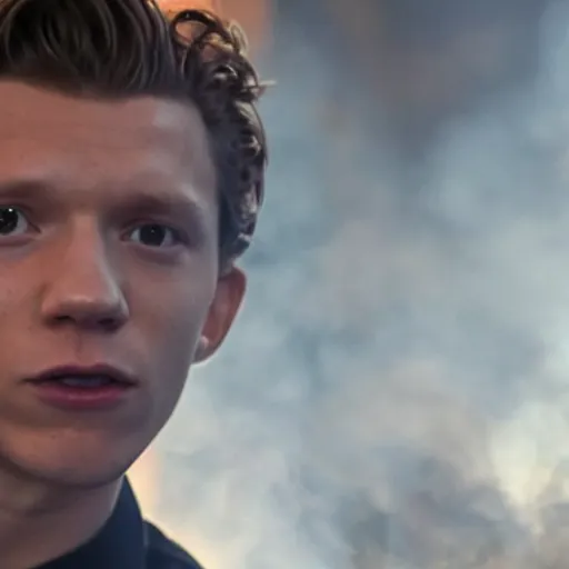 Image similar to tom holland getting arrested while exhaling a cloud of smoke, candid photography