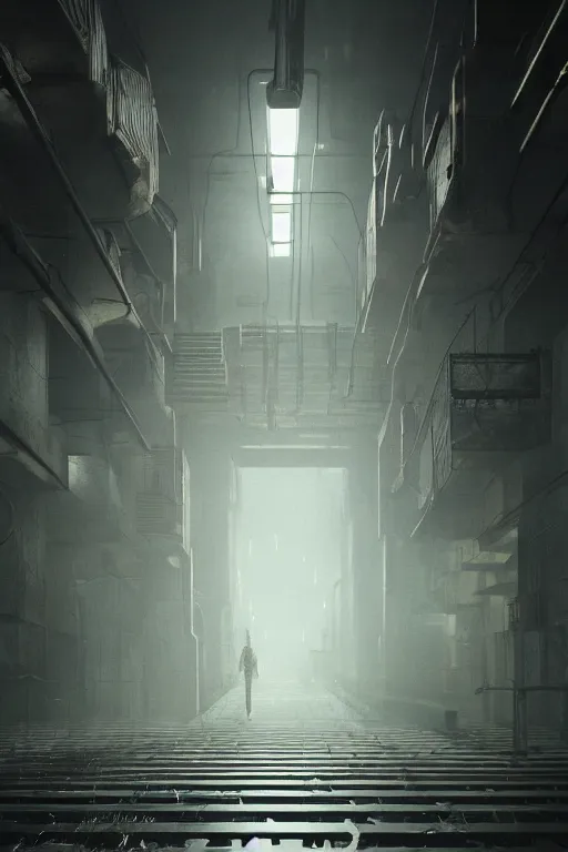 Prompt: inside of an underground factory with ladders, walkways, doors, like maze, ominous, dark, bleak, , rendered in octane, in the style of bladerunner 2049, dystopian, sci fi, v-ray, cinematic composition, hyperdetailed, artstation, cgsociety, 8k