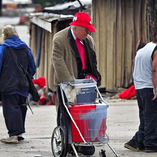 Image similar to donald trump dressed as a homeless man living in the slums