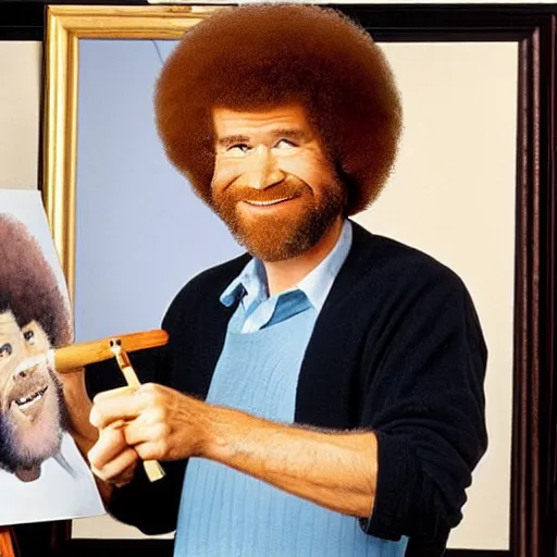 Image similar to a painting of bob ross painting a painting of bob ross holding a paintbrush, high quality, very detailed, artwork