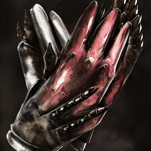 Image similar to gloves with metal claws, old leather gloves with attached talons, pointy fingertips, dark background, highly detailed, 8 k, trending on artstation, mystic, rpg artwork, by peter jackson, by sauron