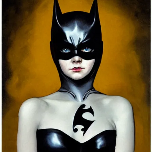 Image similar to a striking hyper real painting of Elle Fanning as batgirl, dark, metal, occult, by Francisco Goya