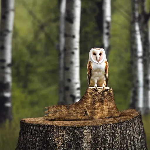 Prompt: ”A barn owl sitting on a Nike shoe standing on a birch stump, 4K, Sigma 55”