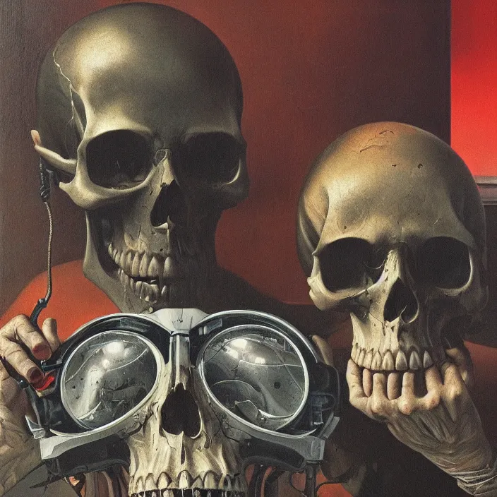 Image similar to pensive skull observing 8 0's era technology, vintage shapes, retro technology, vintage color, wayne barlow, oil on canvas, deep depth of field, masterpiece, cinematic composition, hyperdetailed