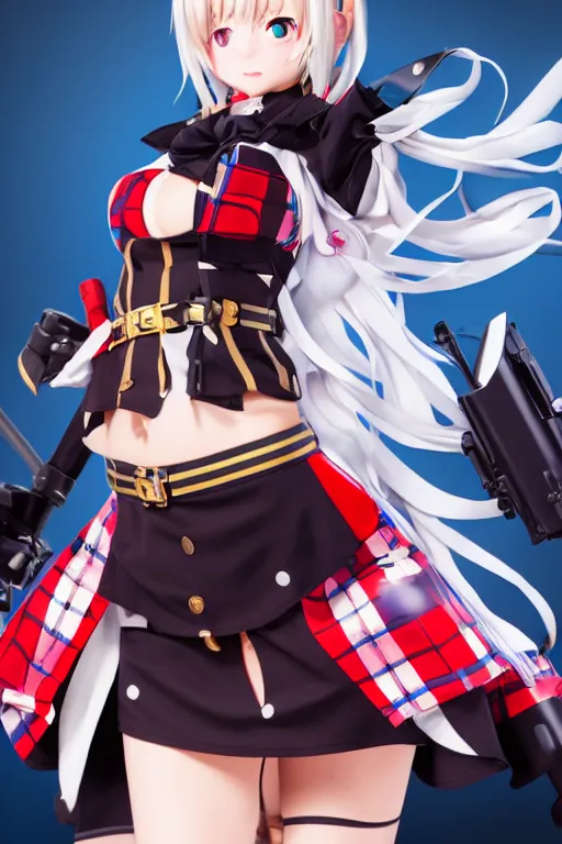 Prompt: Prinz Eugen from Azur Lane wearing a tartan miniskirt and holding a raygun. Voluptuous. 8k. Studio lighting.