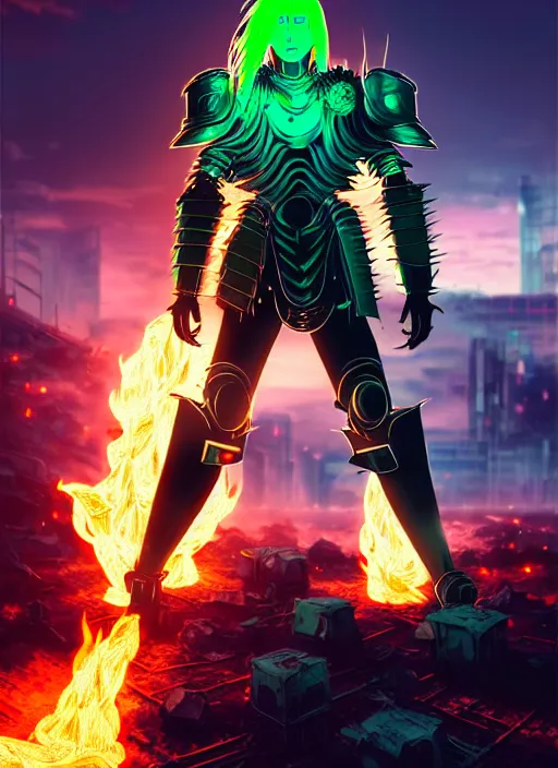 Image similar to a striking cinematic full body manga portrait of a male warrior with long blonde hair and blue eyes wearing evil green spiked cyberpunk armour and standing in the desolate burning ruins of a futuristic city by hirohiko araki and beeple, fine details, digital art, character concept art, volumetric lighting, cinematic light, photorealistic