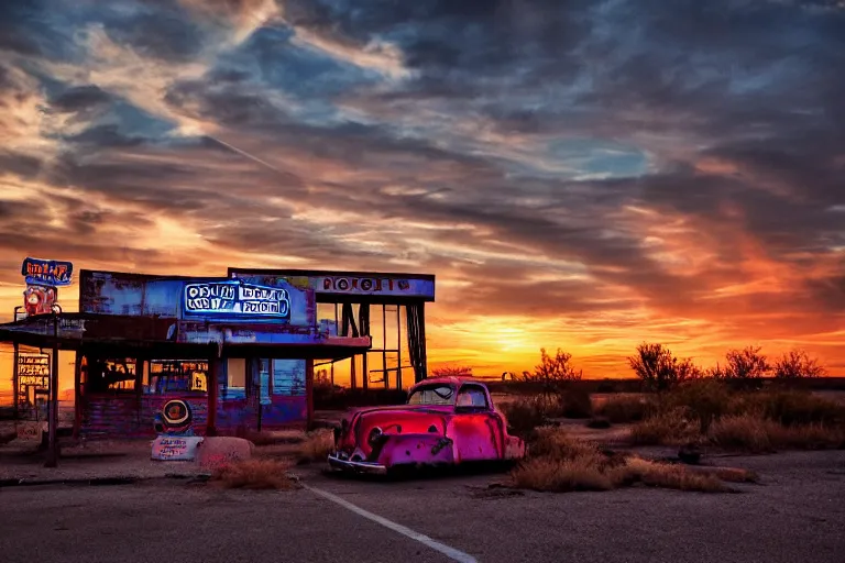 Image similar to a sunset light landscape with historical route 6 6, lots of sparkling details and sun ray ’ s, blinding backlight, smoke, volumetric lighting, colorful, octane, 3 5 mm, abandoned gas station, old rusty pickup - truck, beautiful epic colored reflections, very colorful heavenly, softlight