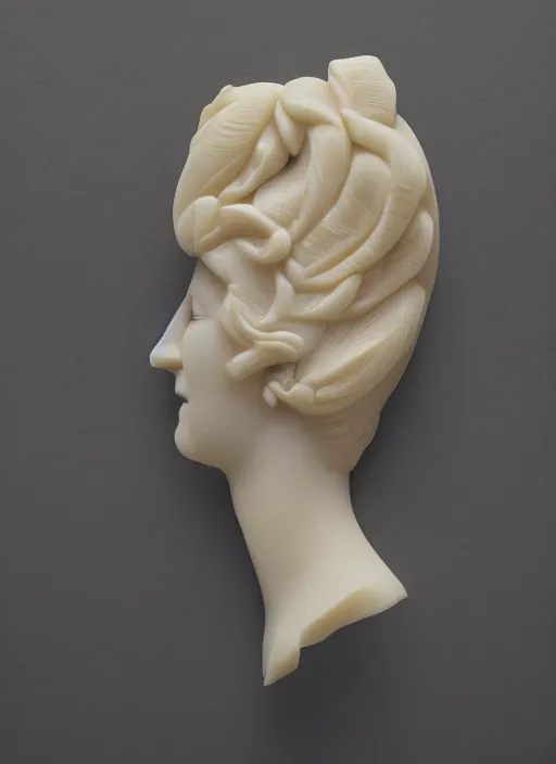 Prompt: a woman's face in profile, made of exquisitely carved ivory, in the style of the Dutch masters and Gregory Crewdson, dark and moody