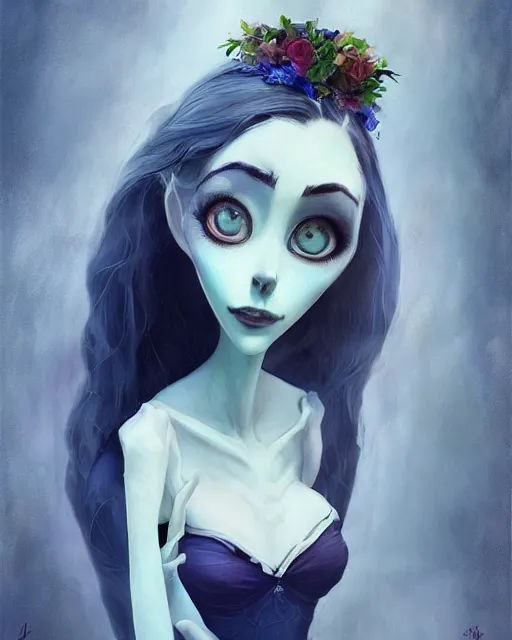 Image similar to elegant mysterious solemn zombie victoria everglot from the corpse bride, portrait, illustration, rim light, top light, summer clear blue sky, perfectly shaded, soft painting, art by krenz cushart and wenjun lin