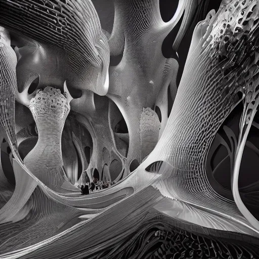 Image similar to epic fractal cave interior by zaha hadid, iris van herpen and rick owens. highly detailed, hyper - real, very beautiful, intricate fractal details, very complex, opulent, epic, mysterious, polished, futuristic design, trending on deviantart and artstation